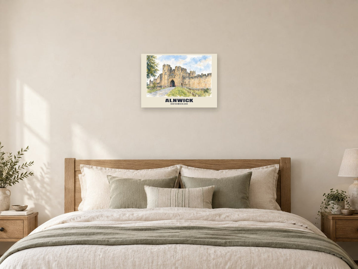 Alnwick — English Watercolour Art Print at A2, as a poster, above a bed