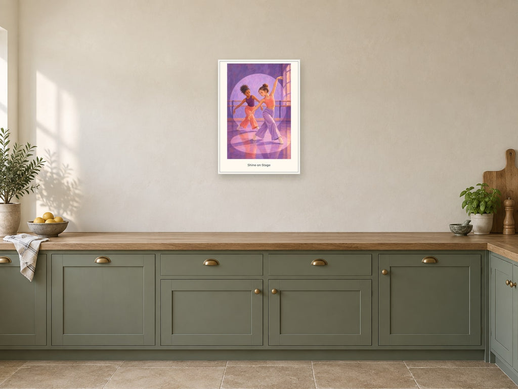 Shine on Stage — Dance Studio Children’s Art Print at A2, in a white frame, in a kitchen