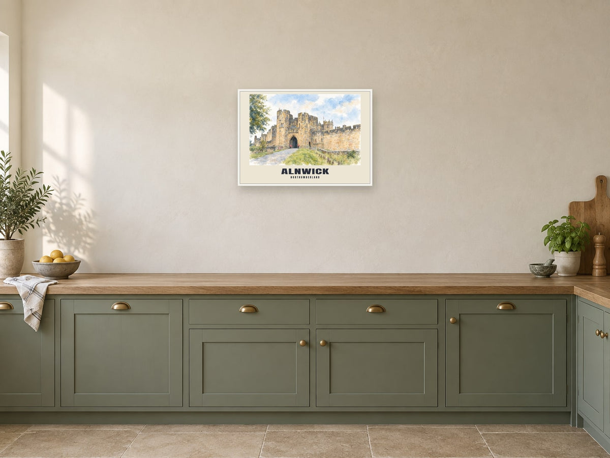 Alnwick — English Watercolour Art Print at A2, in a white frame, in a kitchen