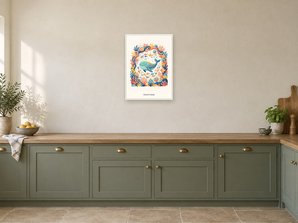 Dream Deep — Coral Kingdom Children’s Art Print at A2, in a white frame, in a kitchen