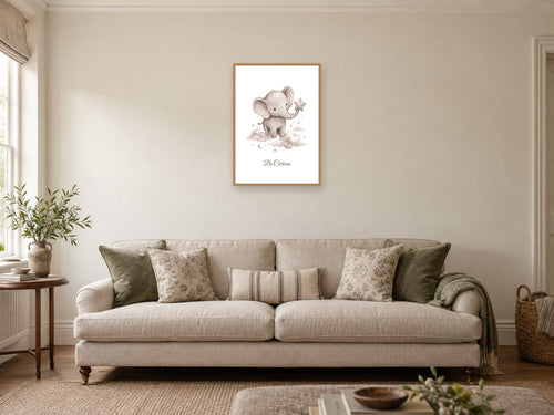 Be Curious — Elephant Little Wonders Nursery Print at A2, in a natural wood frame, in a sitting room