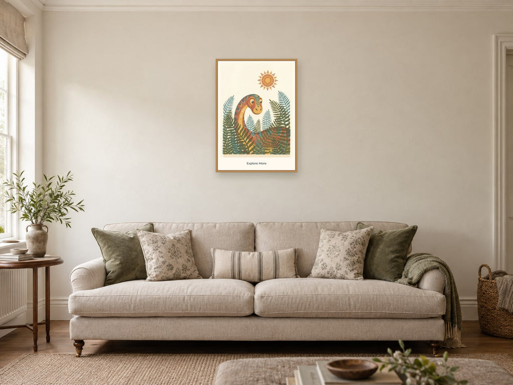 Explore More — Dinosaur Discovery Children’s Art Print at A2, in a natural wood frame, in a sitting room