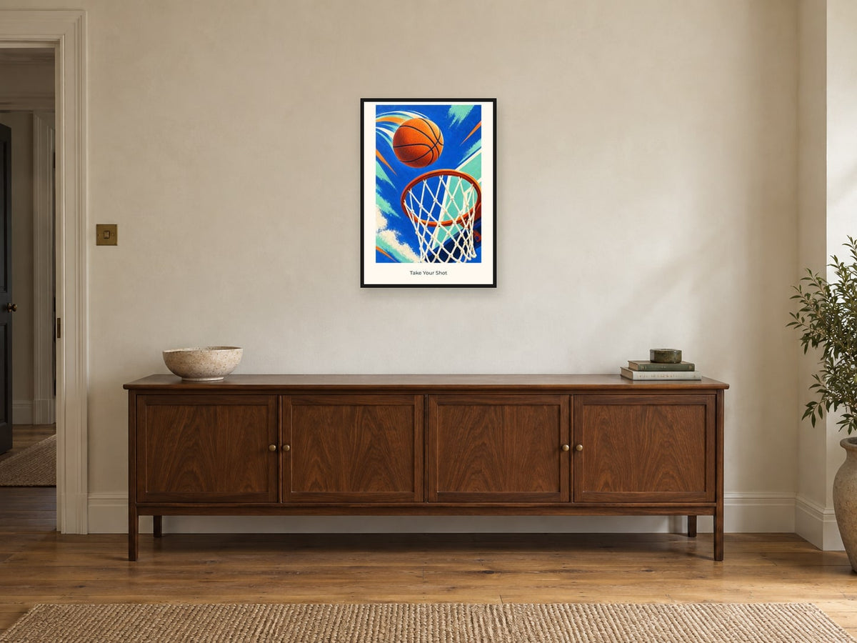 Take Your Shot — Court Club Children’s Art Print at A2, in a black frame, above a sideboard