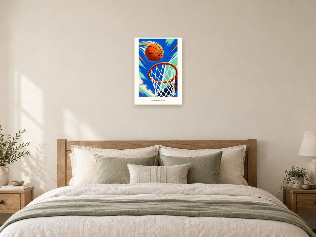 Take Your Shot — Court Club Children’s Art Print at A2, as a poster, above a bed
