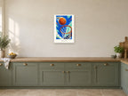 Take Your Shot — Court Club Children’s Art Print at A2, in a white frame, in a kitchen