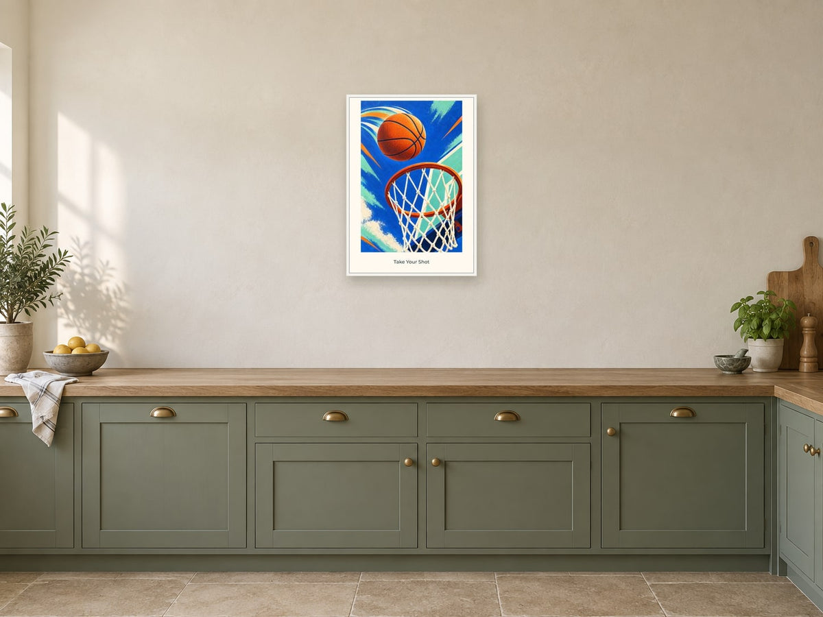 Take Your Shot — Court Club Children’s Art Print at A2, in a white frame, in a kitchen
