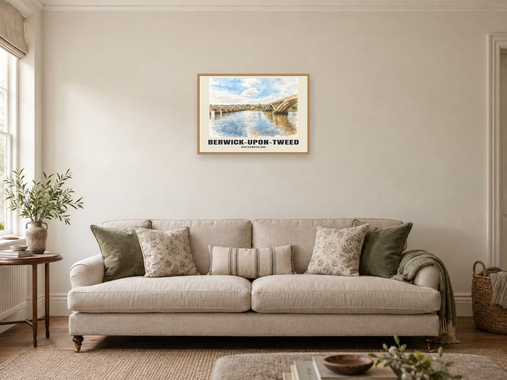 Berwick-upon-Tweed — English Watercolour Art Print at A2, in a natural wood frame, in a sitting room