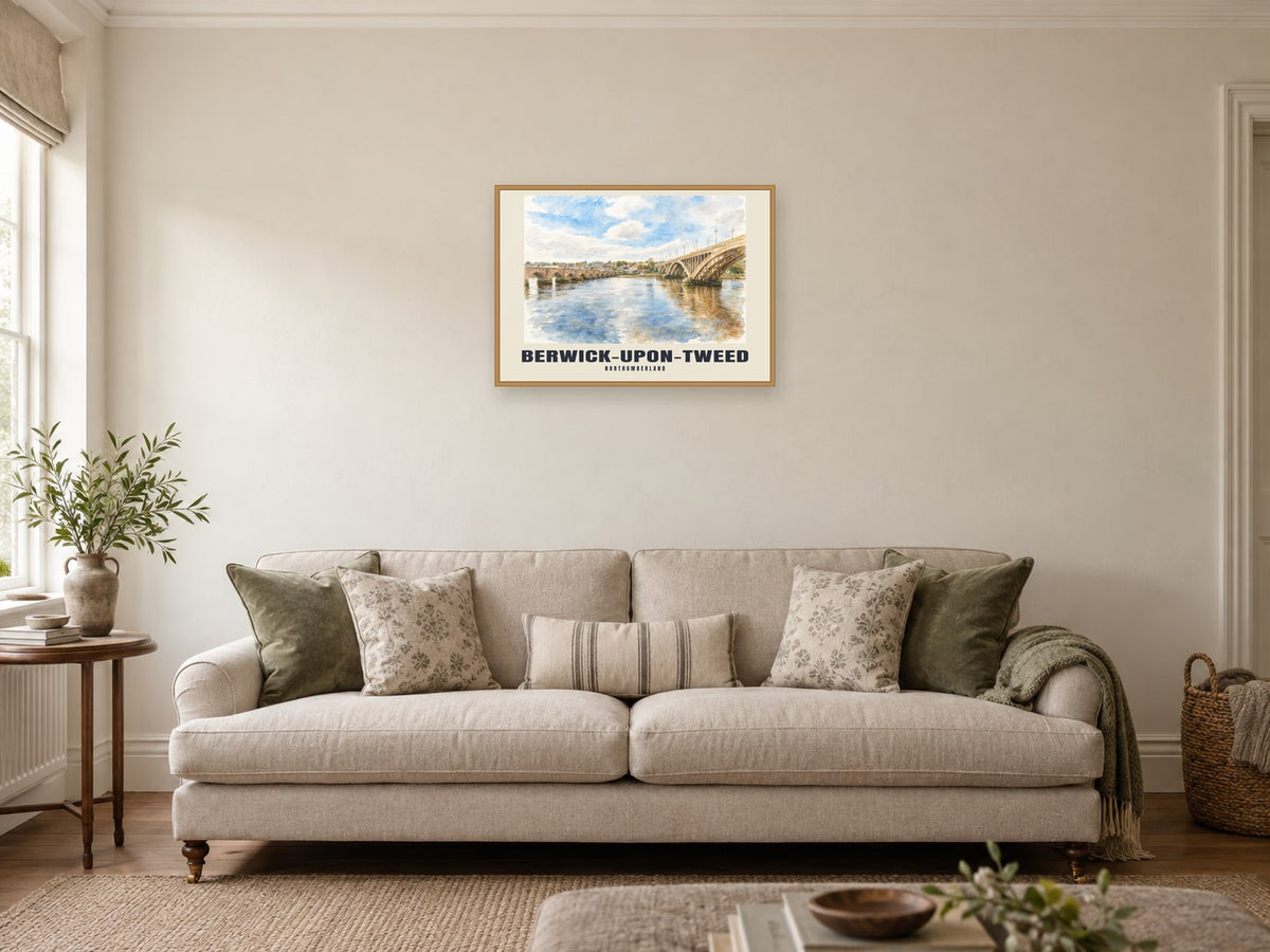 Berwick-upon-Tweed — English Watercolour Art Print at A2, in a natural wood frame, in a sitting room