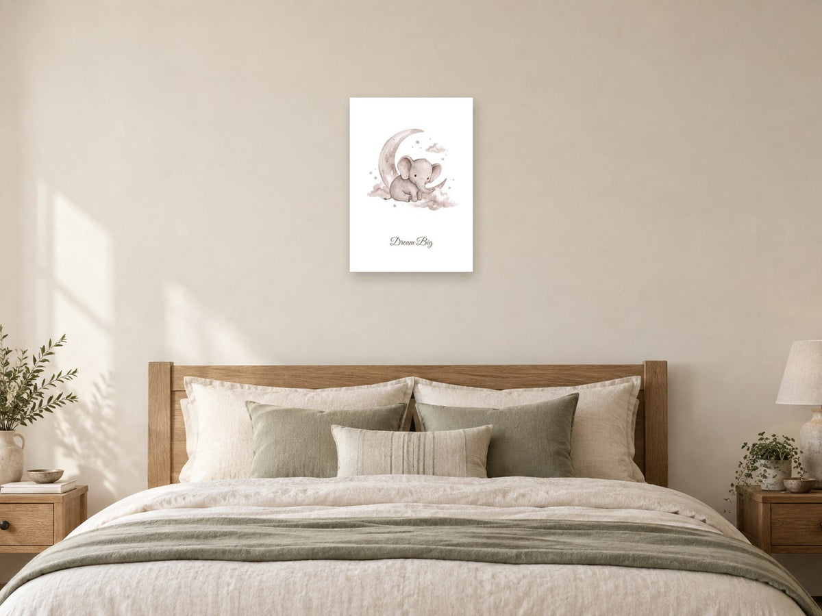 Dream Big — Elephant Little Wonders Nursery Print at A2, as a poster, above a bed