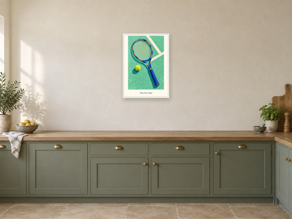 Play Your Way — Court Club Children’s Art Print at A2, in a white frame, in a kitchen