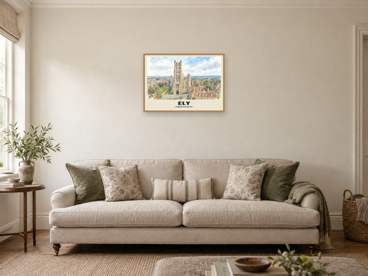 Ely — English Watercolour Art Print at A2, in a natural wood frame, in a sitting room