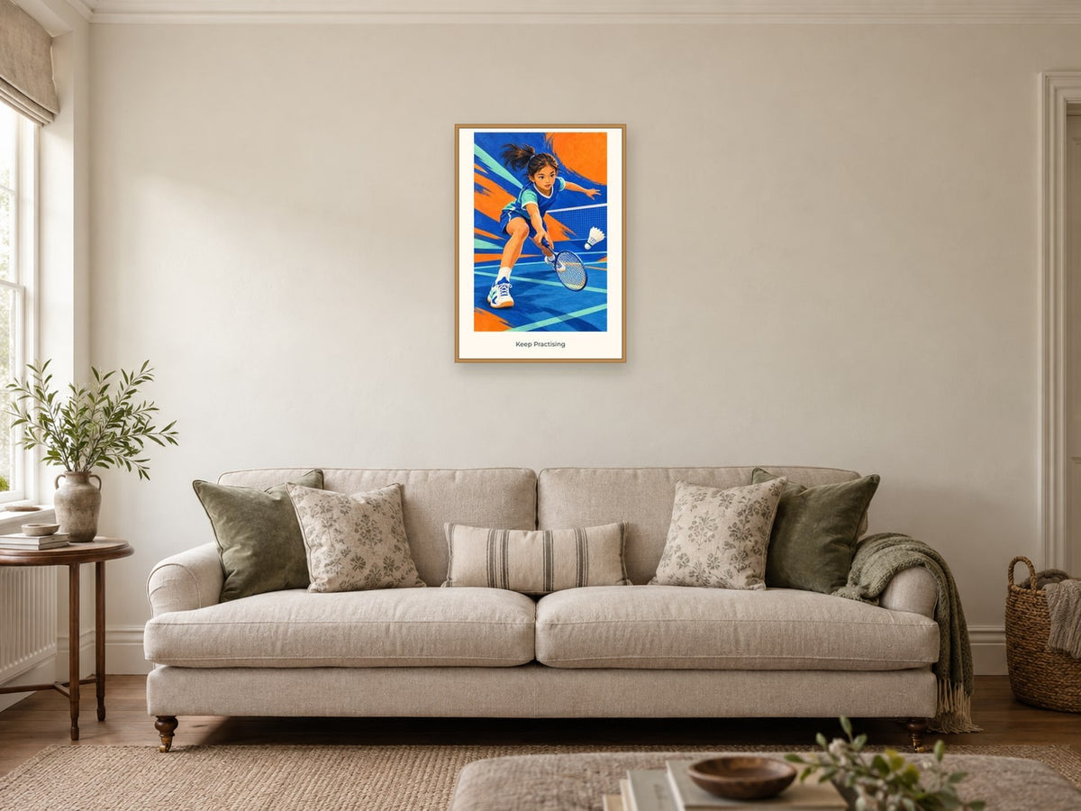 Keep Practising — Court Club Children’s Art Print at A2, in a natural wood frame, in a sitting room