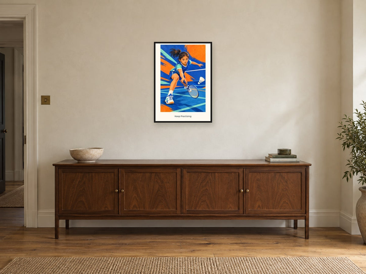 Keep Practising — Court Club Children’s Art Print at A2, in a black frame, above a sideboard