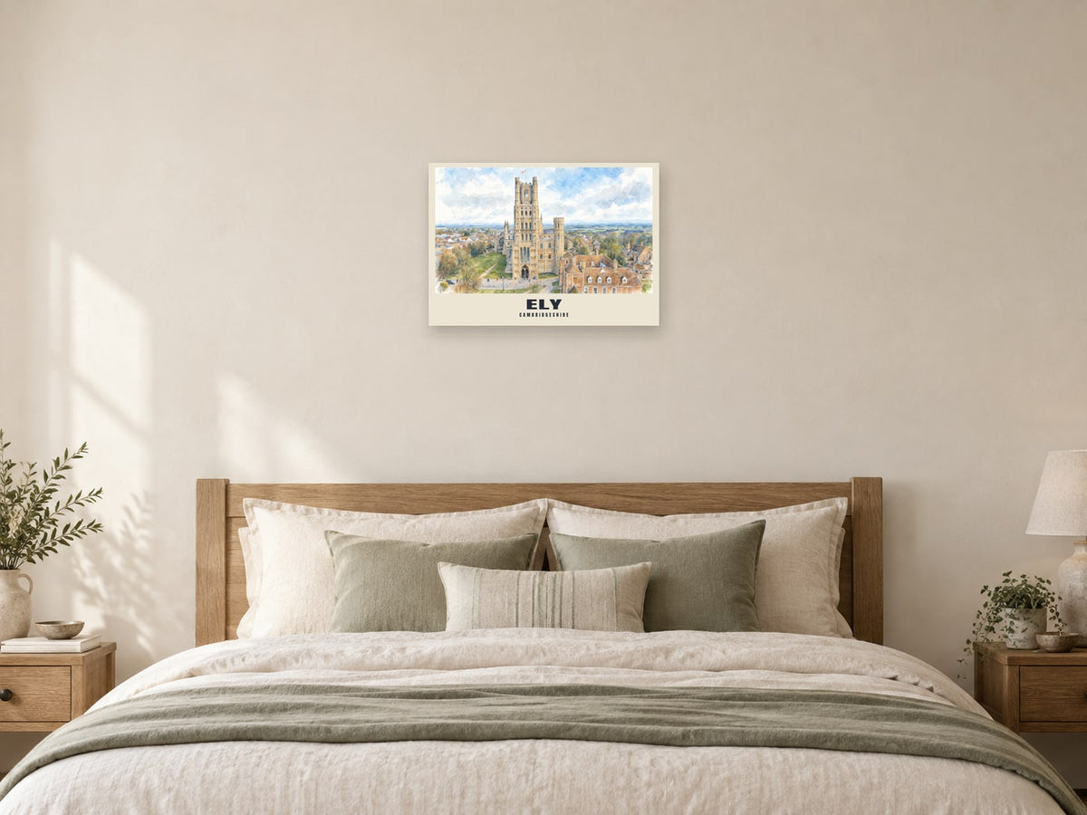 Ely — English Watercolour Art Print at A2, as a poster, above a bed