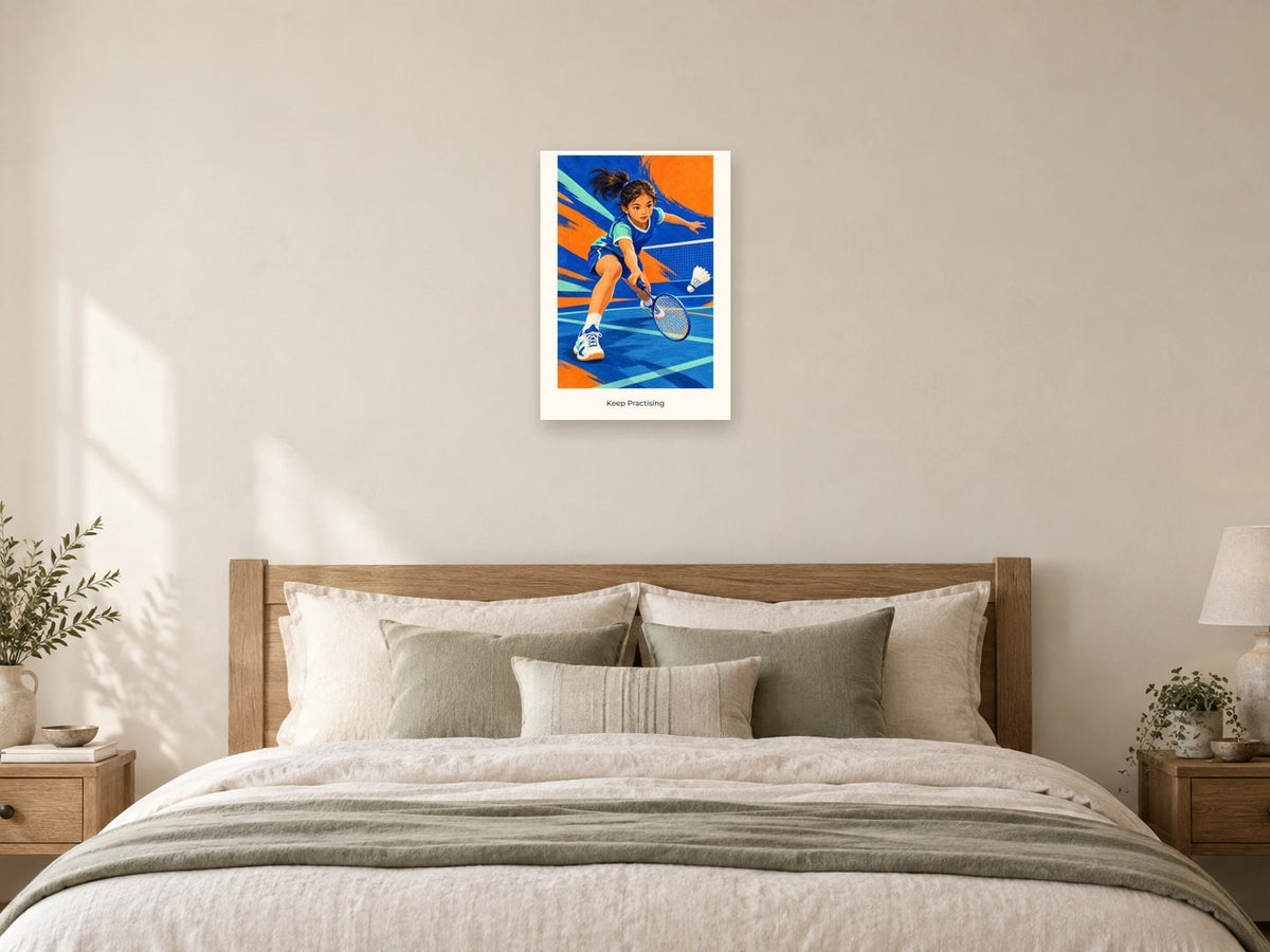 Keep Practising — Court Club Children’s Art Print at A2, as a poster, above a bed