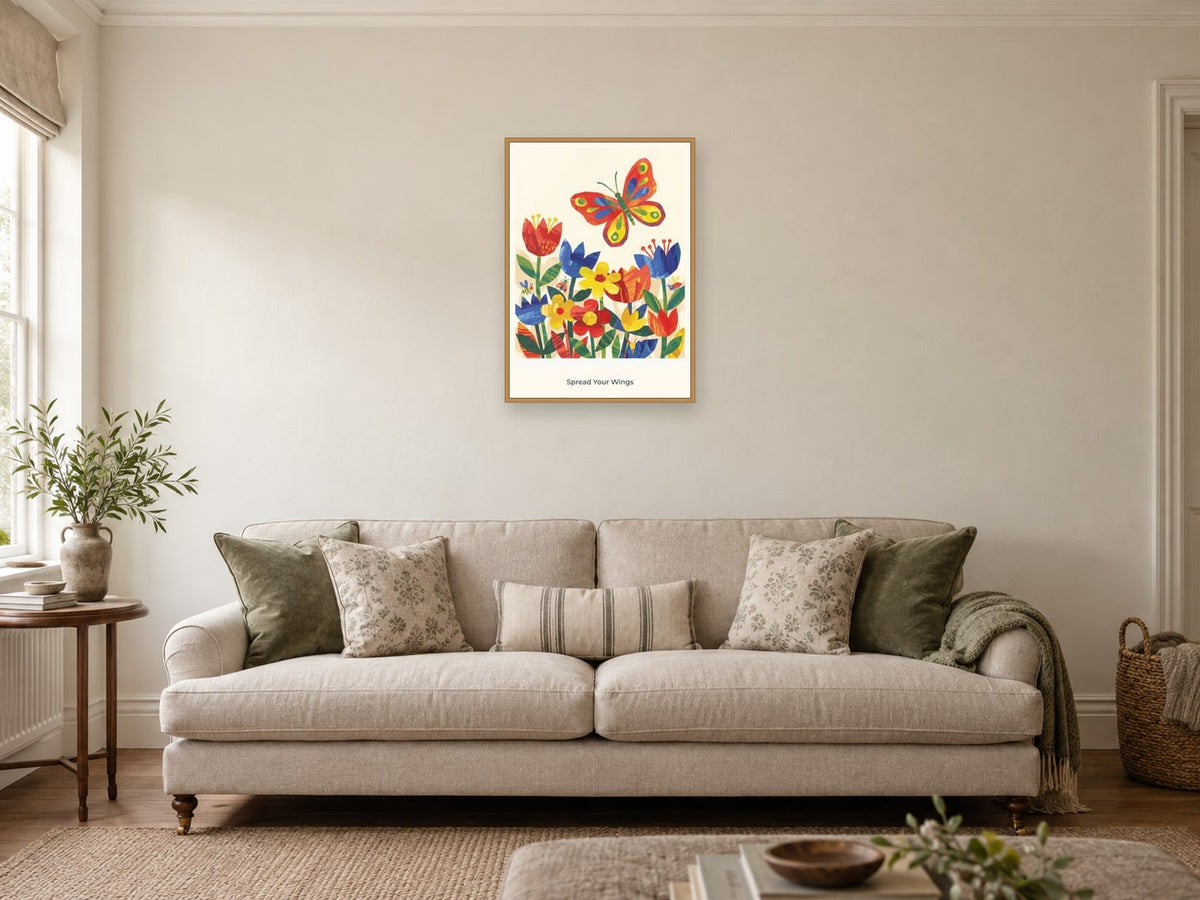 Spread Your Wings — Garden Party Children’s Art Print at A2, in a natural wood frame, in a sitting room