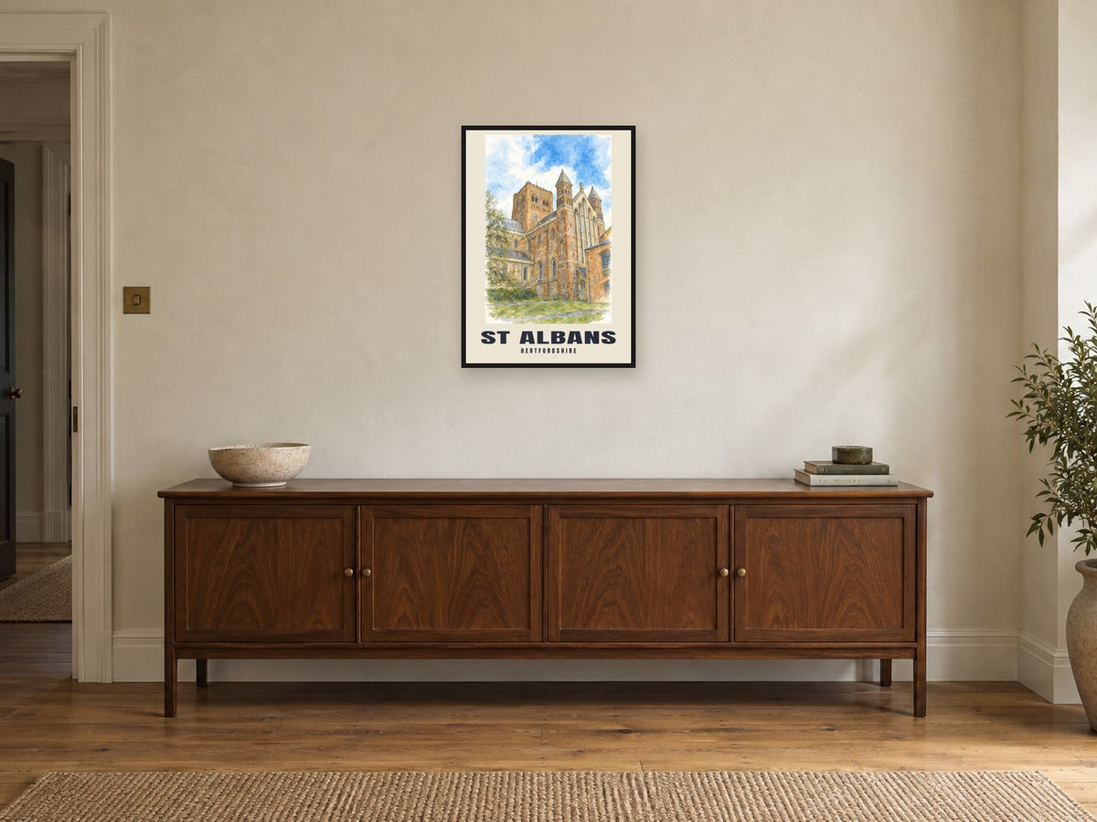 St Albans — English Watercolour Art Print at A2, in a black frame, above a sideboard
