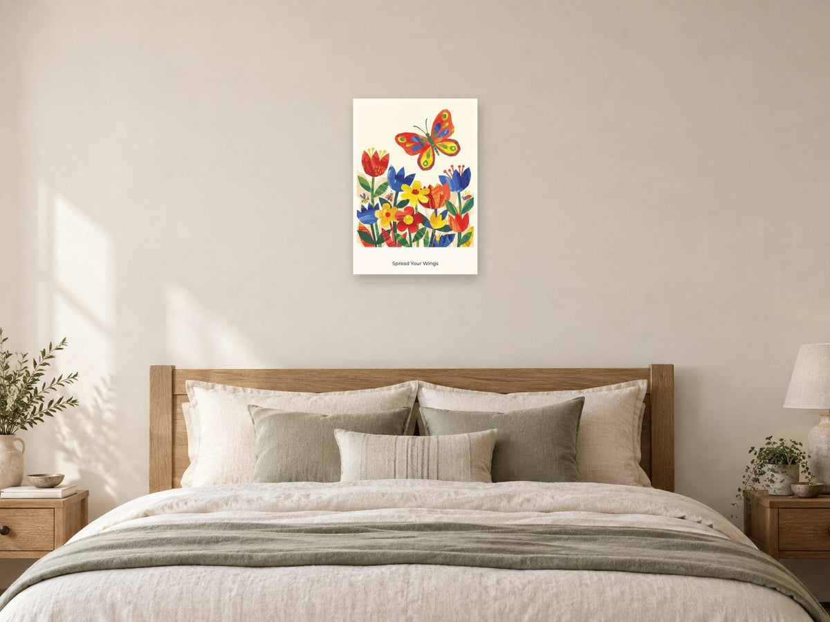 Spread Your Wings — Garden Party Children’s Art Print at A2, as a poster, above a bed