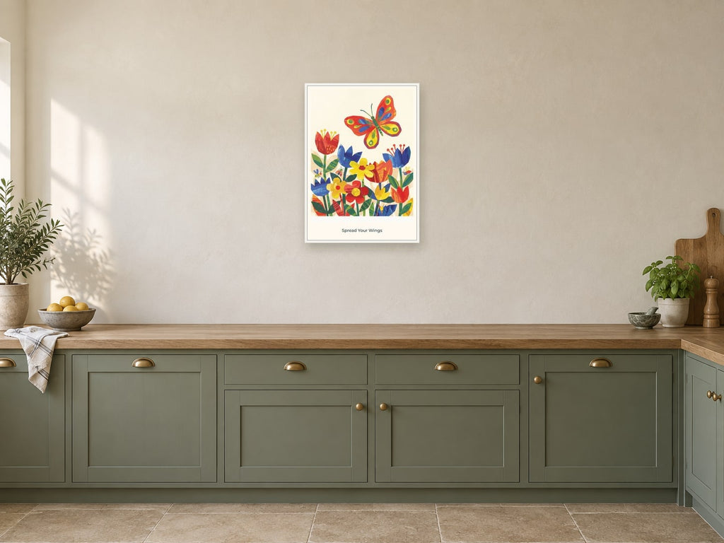 Spread Your Wings — Garden Party Children’s Art Print at A2, in a white frame, in a kitchen
