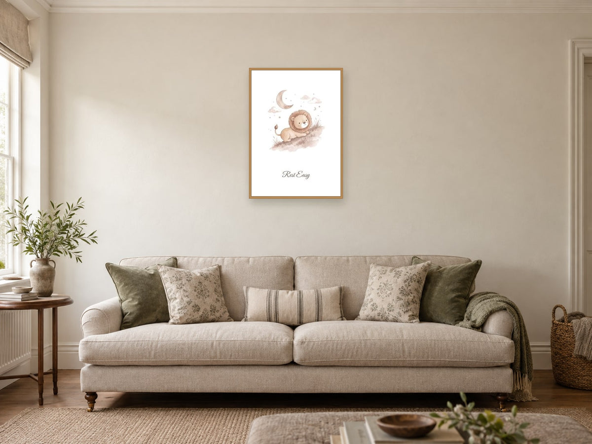 Rest Easy — Little Lion Hearts Nursery Print at A2, in a natural wood frame, in a sitting room