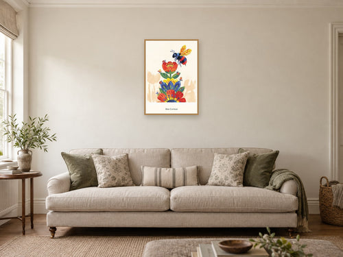 Bee Curious — Garden Party Children’s Art Print at A2, in a natural wood frame, in a sitting room