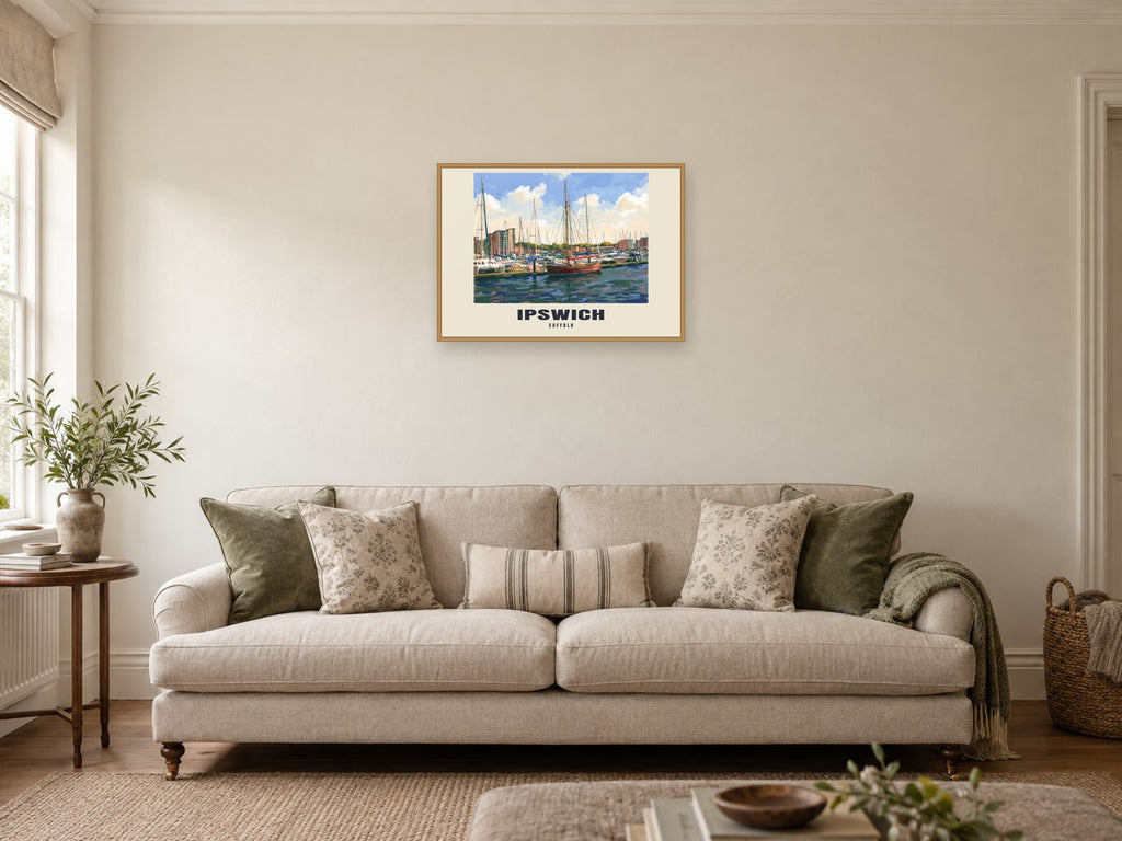 Ipswich — Gouache Art Print at A2, in a natural wood frame, in a sitting room