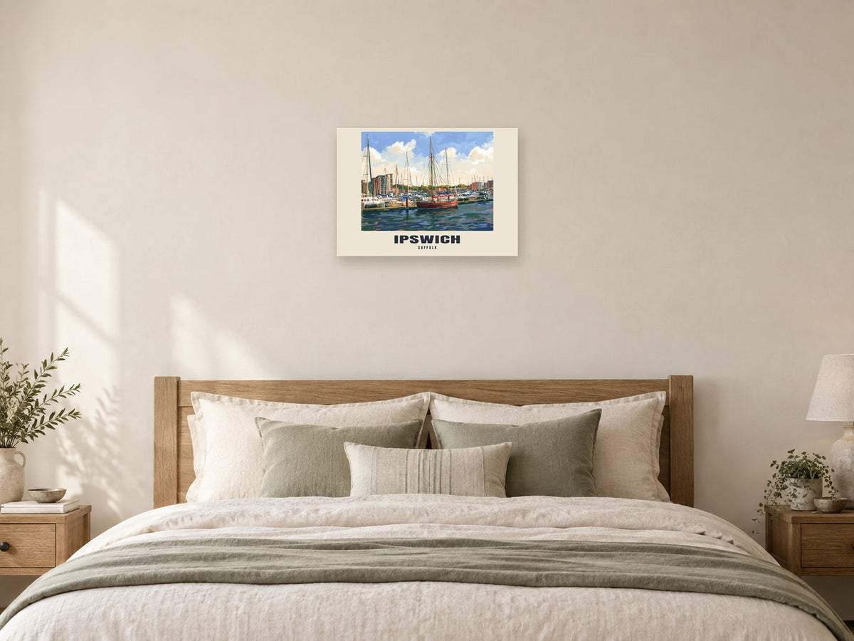 Ipswich — Gouache Art Print at A2, as a poster, above a bed