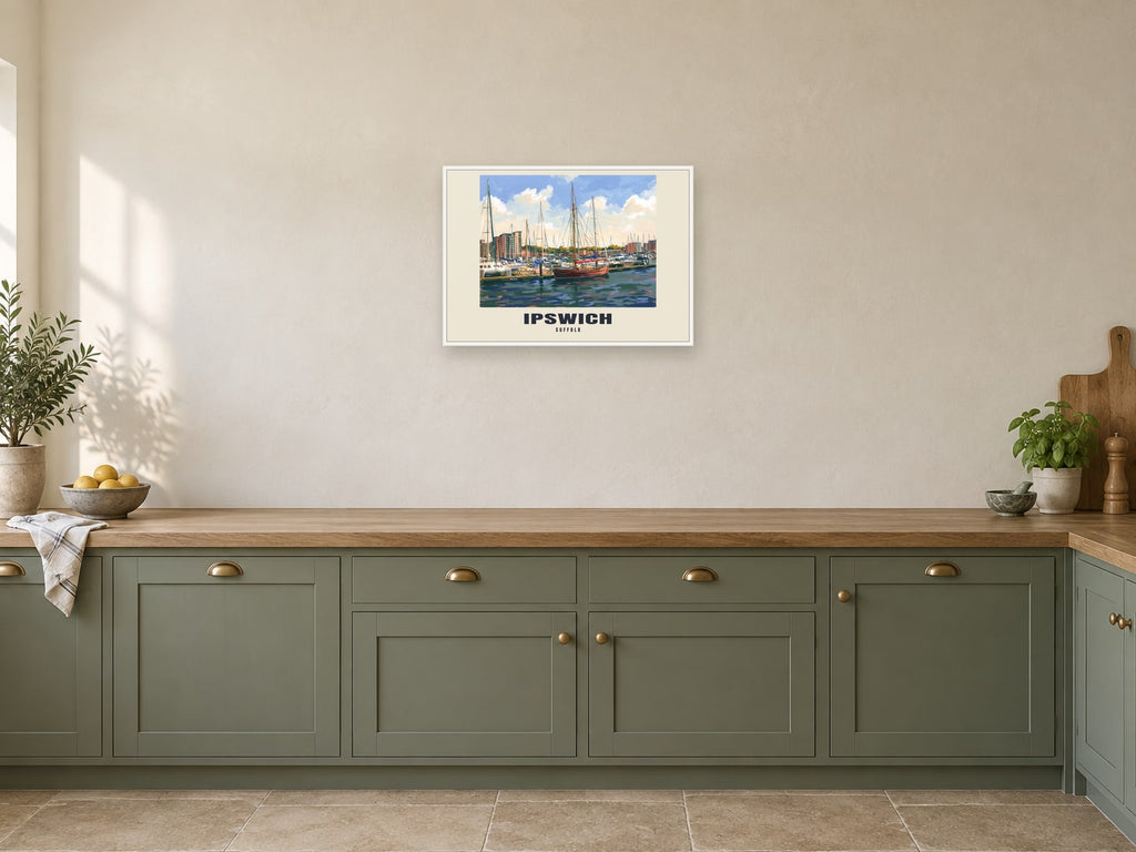 Ipswich — Gouache Art Print at A2, in a white frame, in a kitchen
