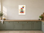 Bee Curious — Garden Party Children’s Art Print at A2, in a white frame, in a kitchen