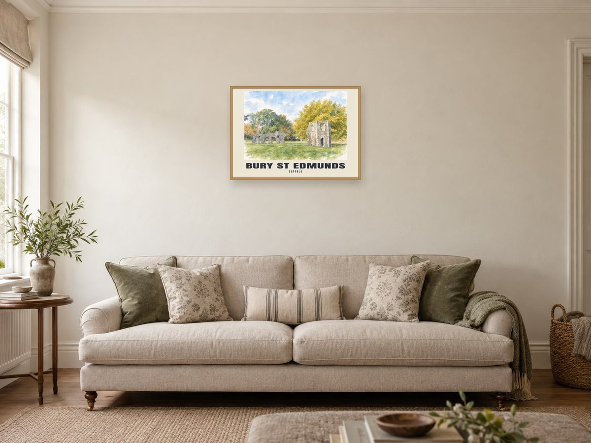 Bury St Edmunds — English Watercolour Art Print at A2, in a natural wood frame, in a sitting room