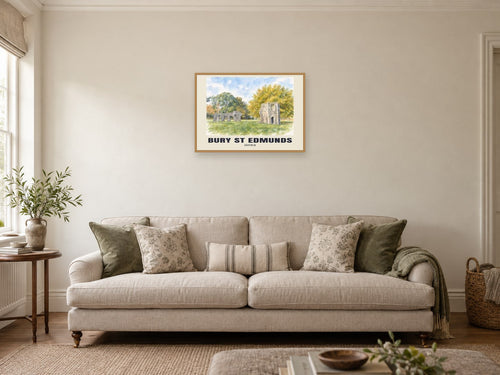 Bury St Edmunds — English Watercolour Art Print at A2, in a natural wood frame, in a sitting room