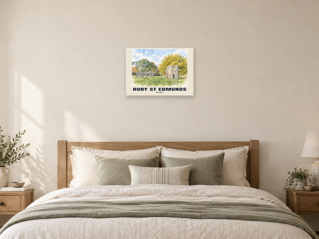 Bury St Edmunds — English Watercolour Art Print at A2, as a poster, above a bed