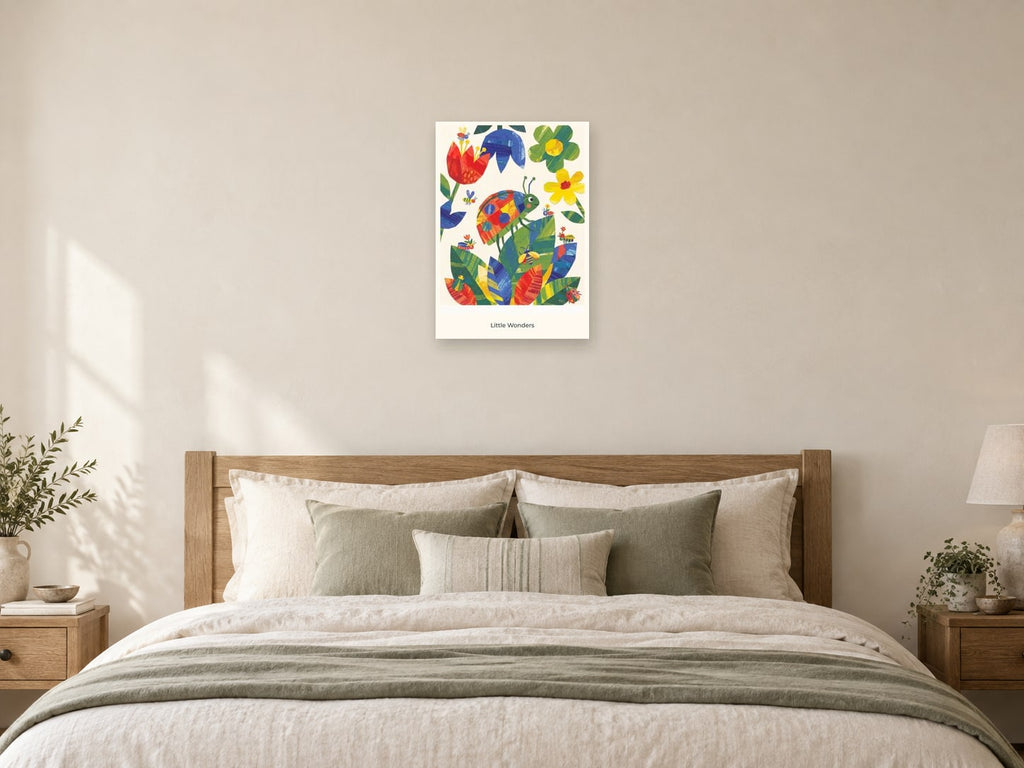 Little Wonders — Garden Party Children’s Art Print at A2, as a poster, above a bed