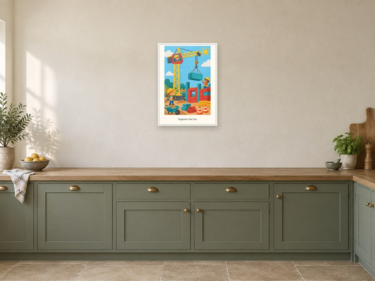 Together We Can — Little Builders Children’s Art Print at A2, in a white frame, in a kitchen