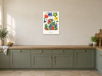 Little Wonders — Garden Party Children’s Art Print at A2, in a white frame, in a kitchen