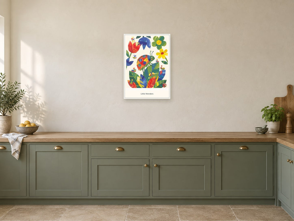 Little Wonders — Garden Party Children’s Art Print at A2, in a white frame, in a kitchen