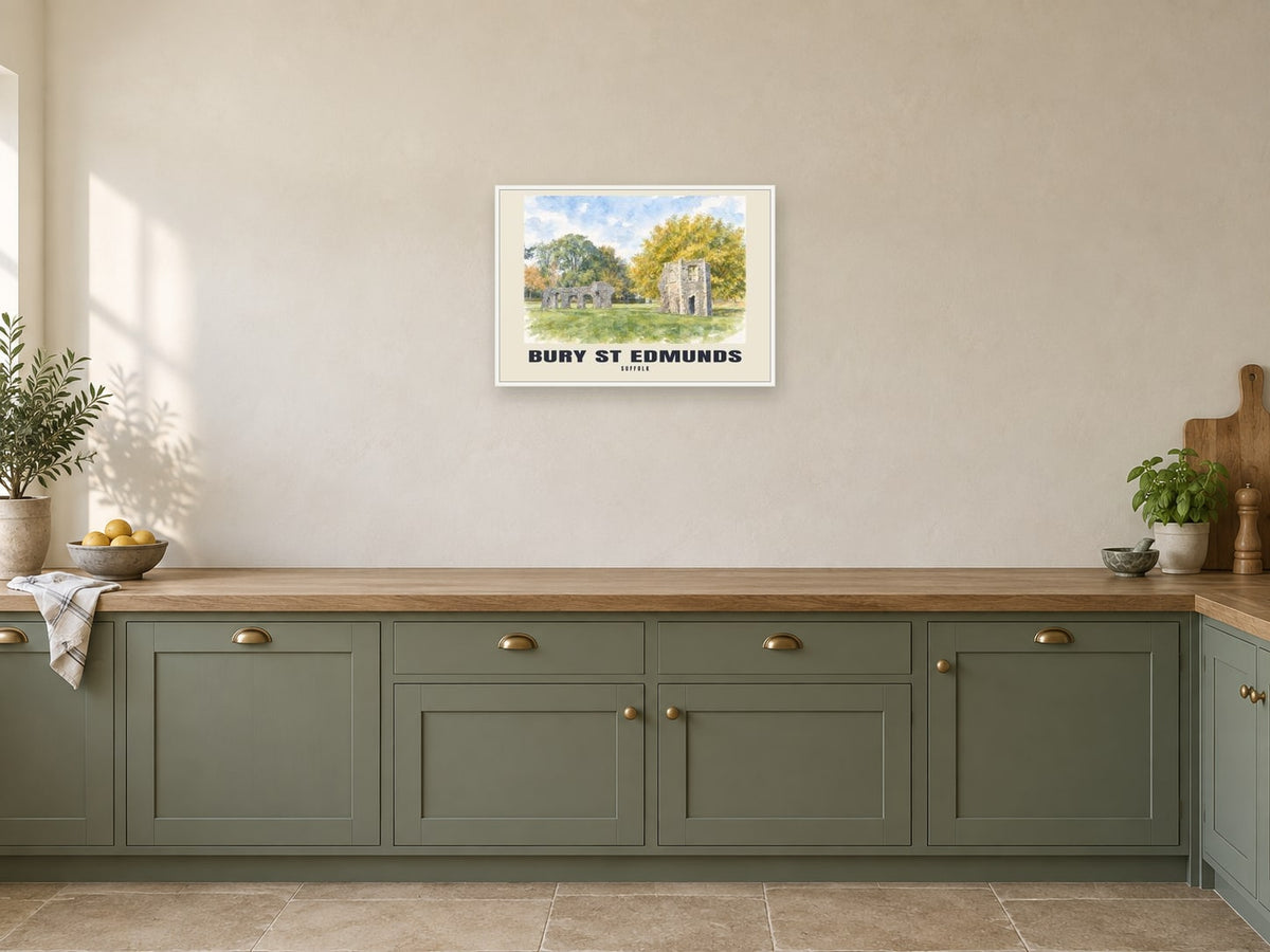 Bury St Edmunds — English Watercolour Art Print at A2, in a white frame, in a kitchen