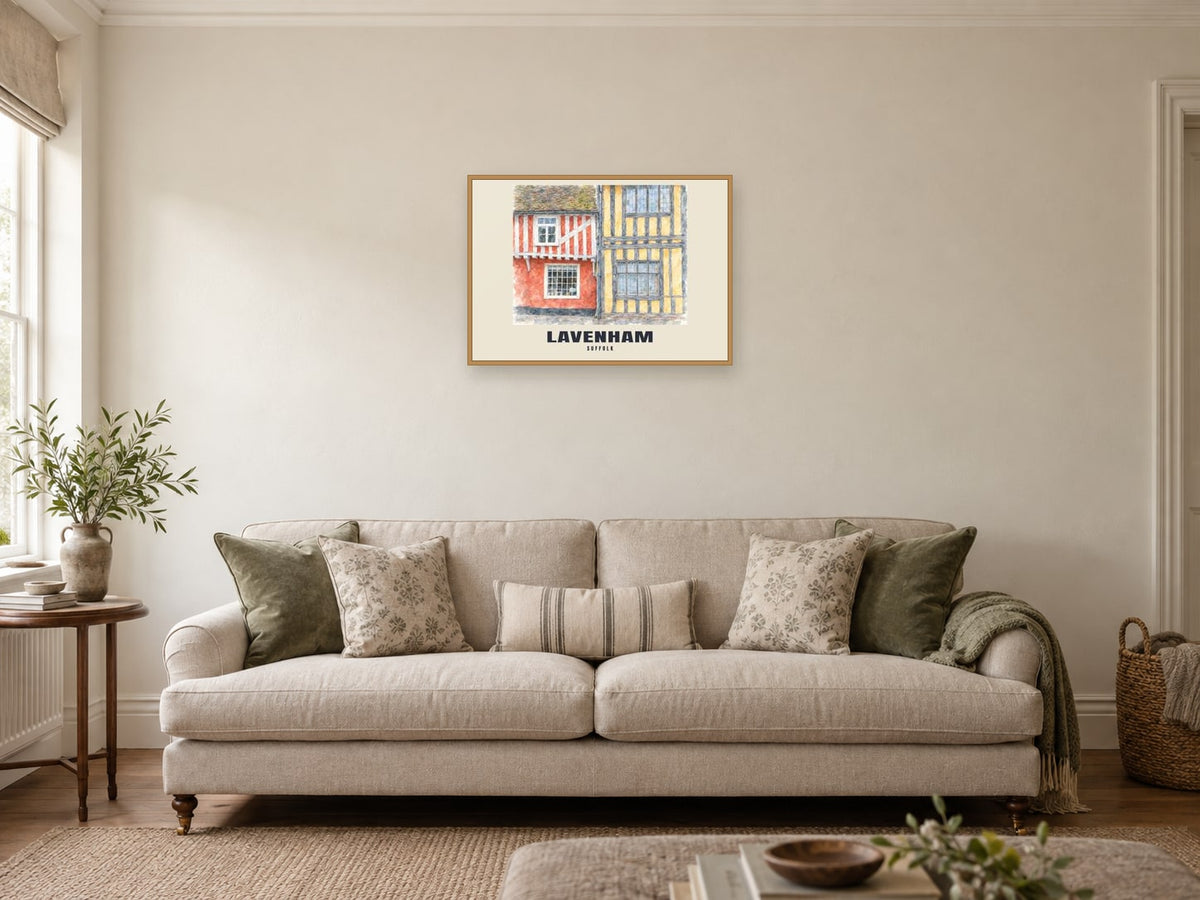 Lavenham — English Watercolour Art Print at A2, in a natural wood frame, in a sitting room