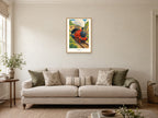 All Aboard — Railway Days Children’s Art Print at A2, in a natural wood frame, in a sitting room