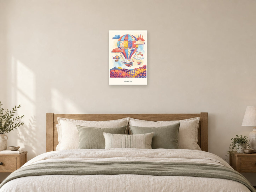 Up We Go — Sky Carnival Children’s Art Print at A2, as a poster, above a bed