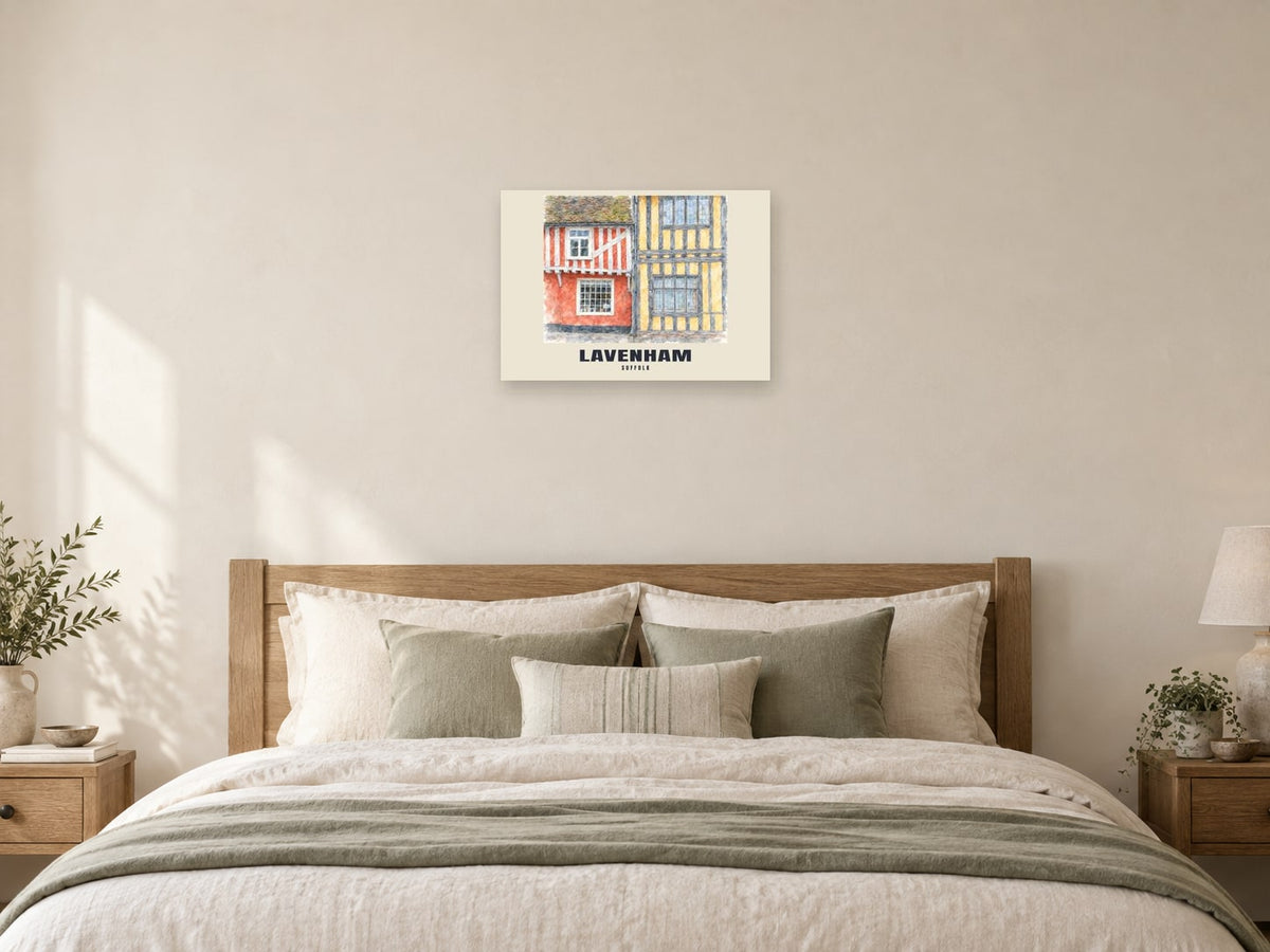 Lavenham — English Watercolour Art Print at A2, as a poster, above a bed