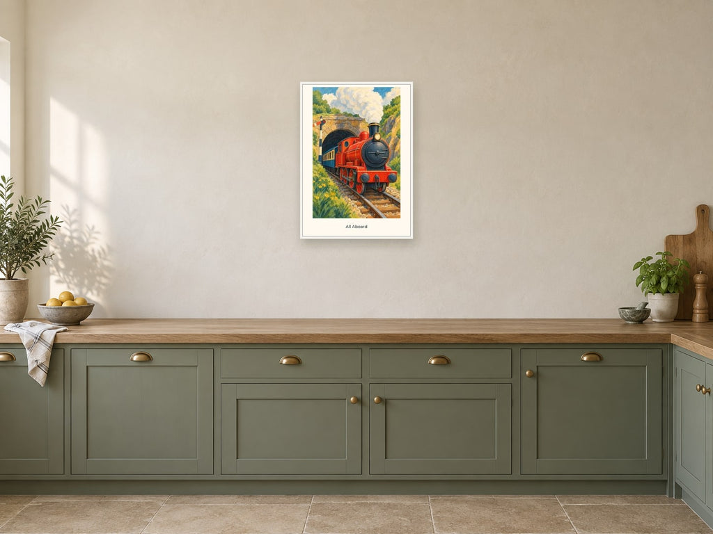 All Aboard — Railway Days Children’s Art Print at A2, in a white frame, in a kitchen