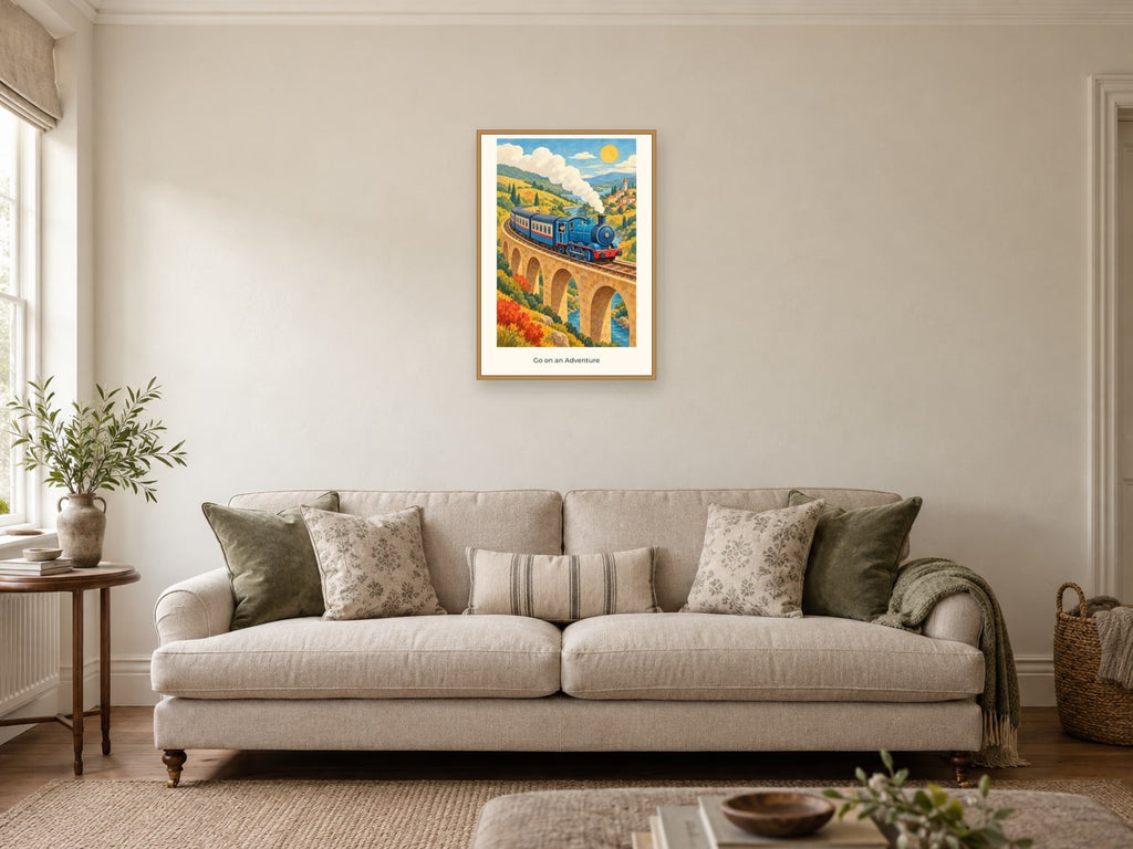 Go on an Adventure — Railway Days Children’s Art Print at A2, in a natural wood frame, in a sitting room