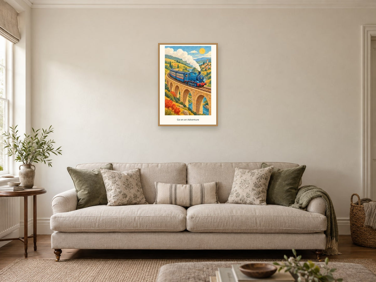Go on an Adventure — Railway Days Children’s Art Print at A2, in a natural wood frame, in a sitting room