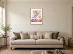 Let’s Fly — Sky Carnival Children’s Art Print at A2, in a natural wood frame, in a sitting room
