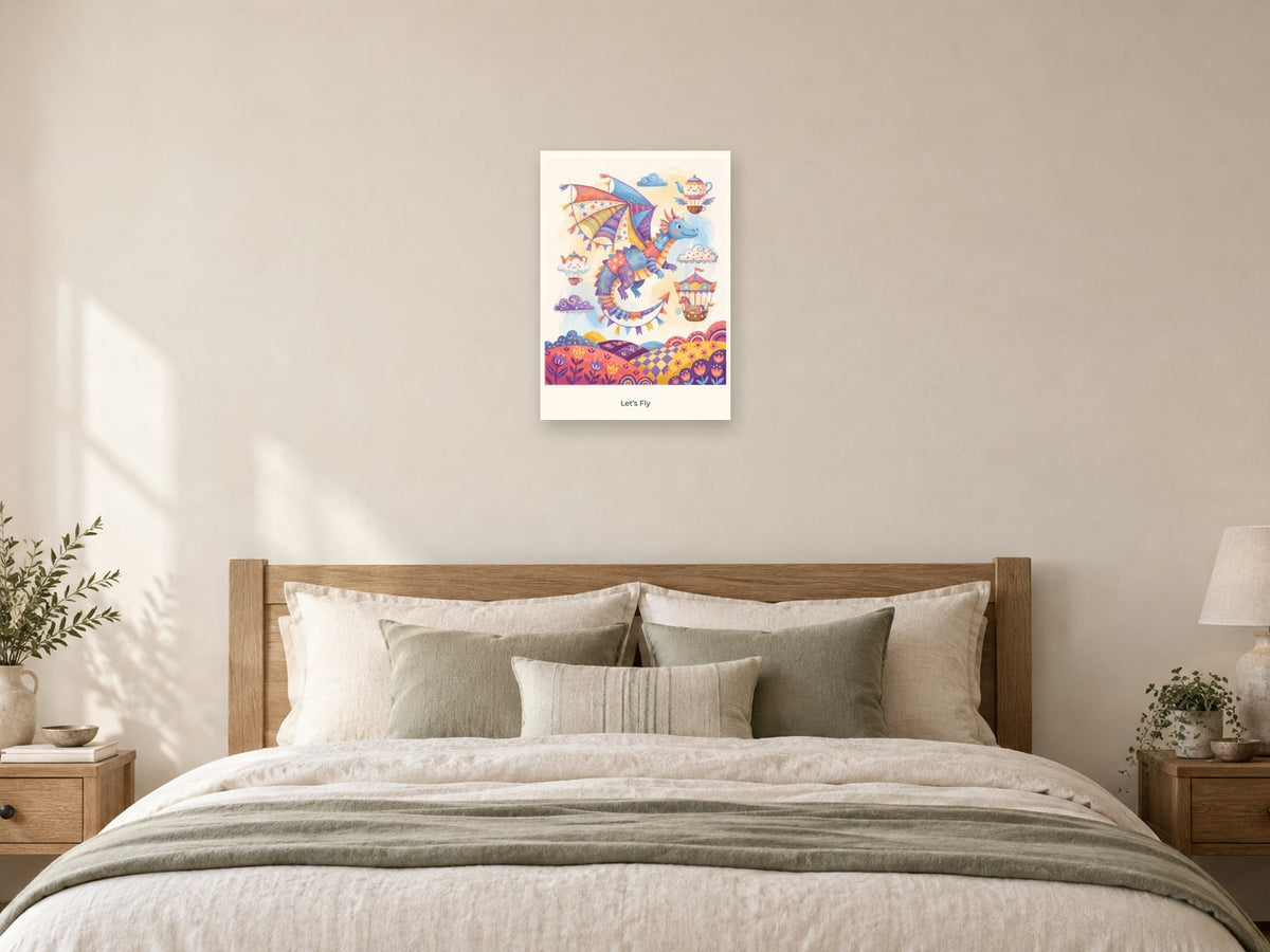 Let’s Fly — Sky Carnival Children’s Art Print at A2, as a poster, above a bed
