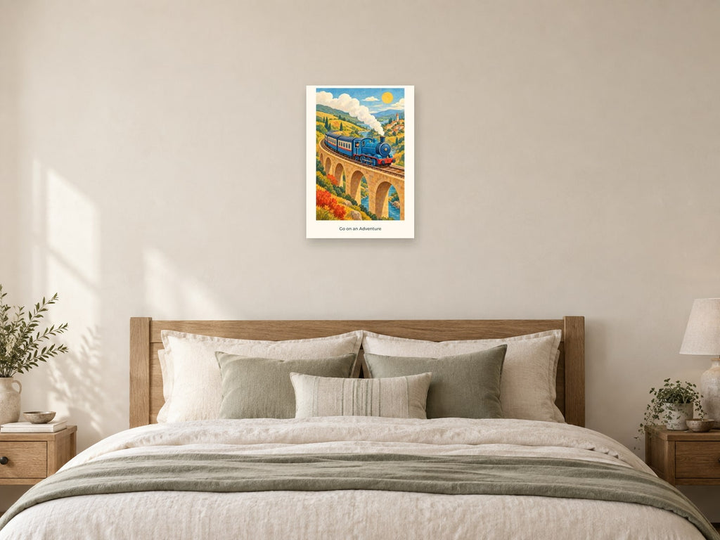Go on an Adventure — Railway Days Children’s Art Print at A2, as a poster, above a bed