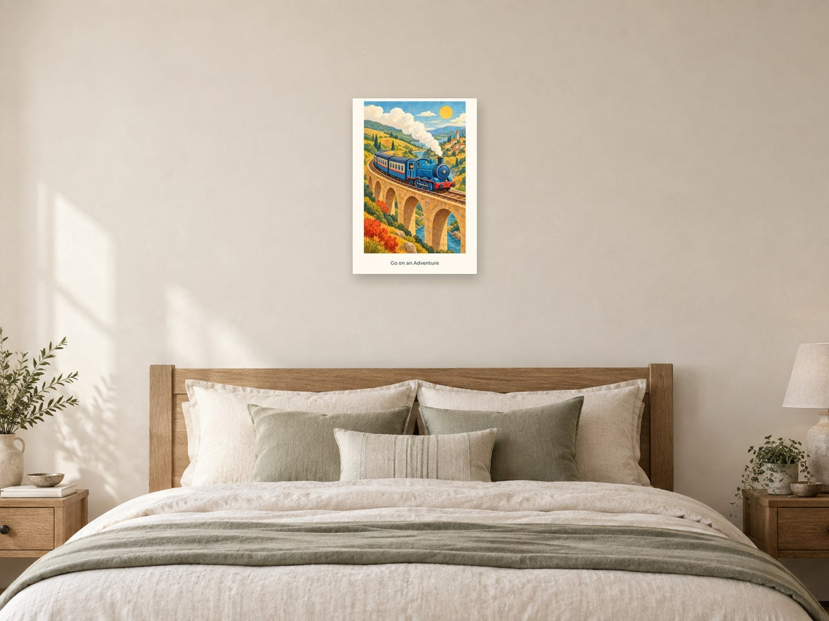 Go on an Adventure — Railway Days Children’s Art Print at A2, as a poster, above a bed