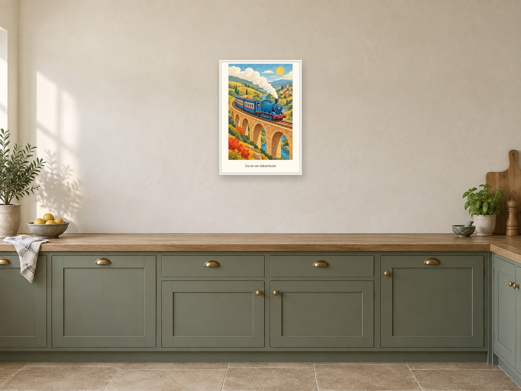 Go on an Adventure — Railway Days Children’s Art Print at A2, in a white frame, in a kitchen