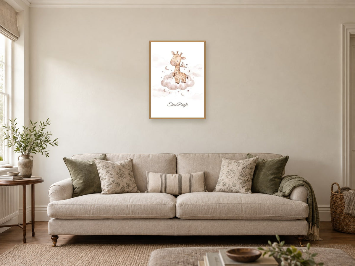 Shine Bright — Giraffe Growing Dreams Nursery Print at A2, in a natural wood frame, in a sitting room